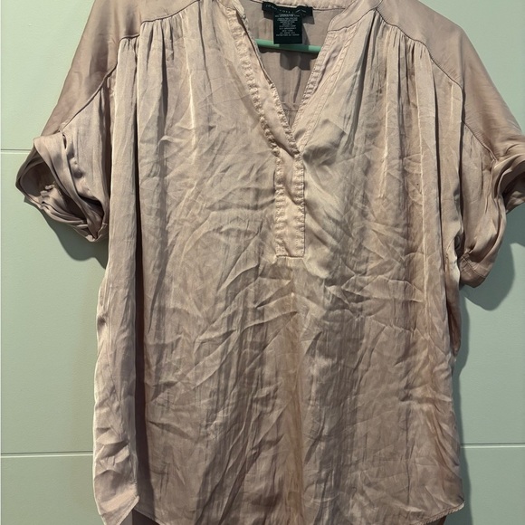 Joan Vass Tops - Joan Vass dusty pink Blouse Relaxed Ruched Mandarin Collar